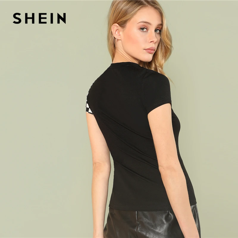 SHEIN الأسود والأبيض منقوشة عارضة جولة الرقبة قصيرة الأكمام Colorblock المحملة الصيف النساء أنيقة T-Shirt أعلى