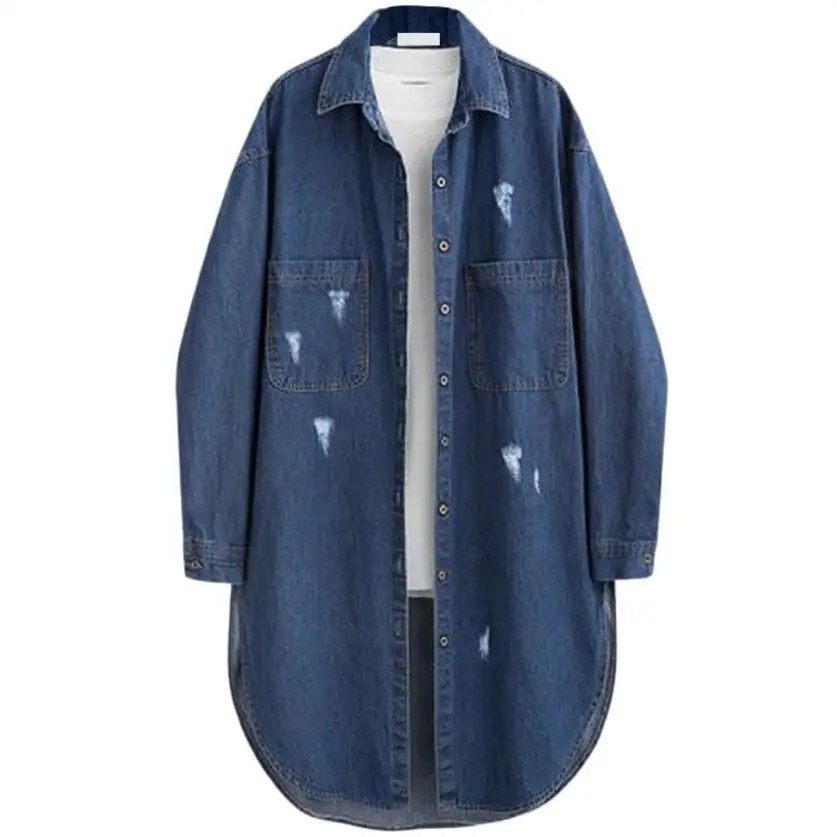 Осенние рваные джинсовые рубашки размера плюс 4XL, женские ретро повседневные синие пальто с карманами, топ, джинсовая Блуза