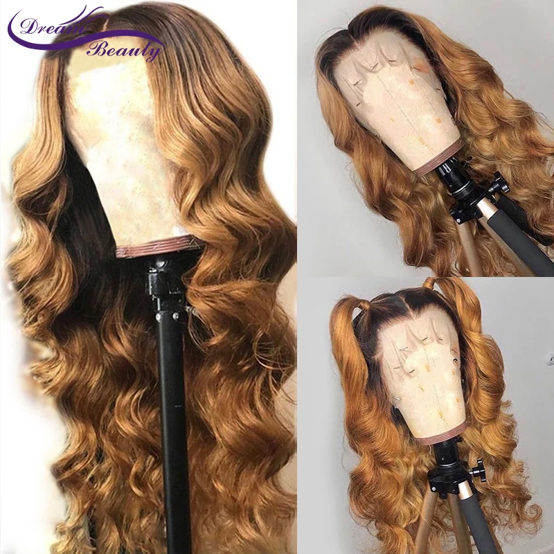  180 Density Ombre Human Hair Wig with Baby Hair Colored 1b/27 Dark Roots Honey Blonde 13X6Lace Fron