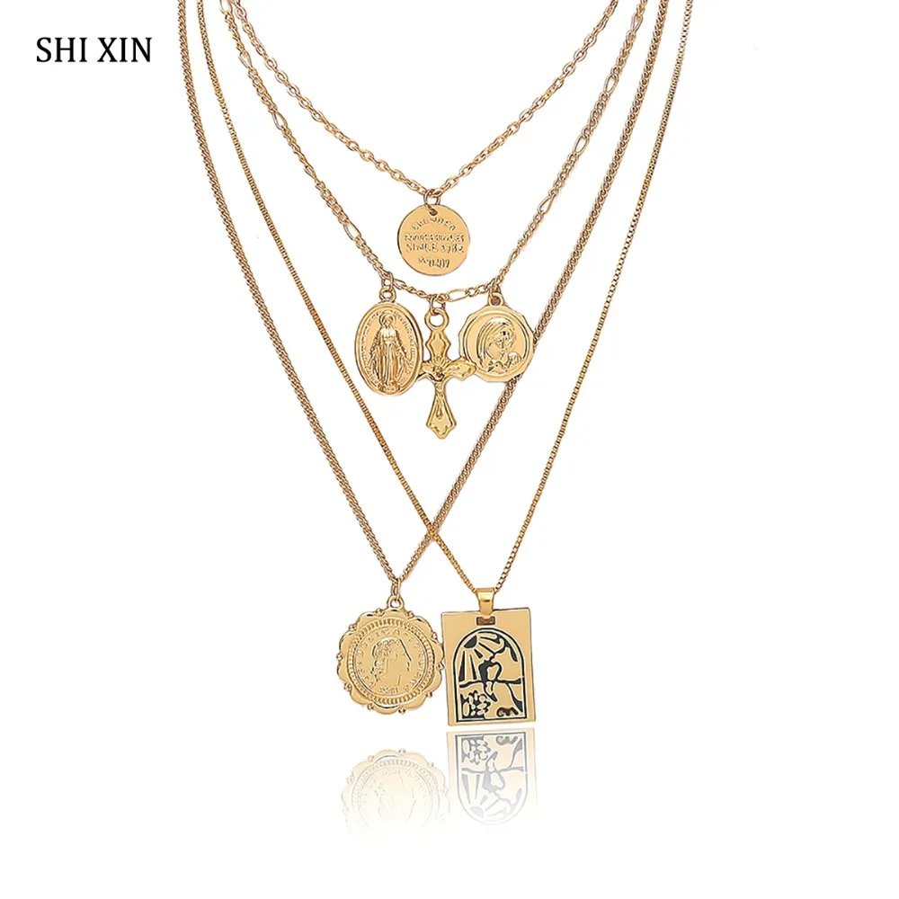 

SHIXIN Boho 4 Multi Layered Choker Necklace for Women Separable Long Chain Cross Rune Virgin Mary Pendant Fashion Jewelry Female