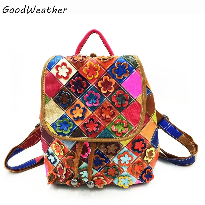 Designer flowers printing ladies backpack genuine leather bags for women fashion stitching