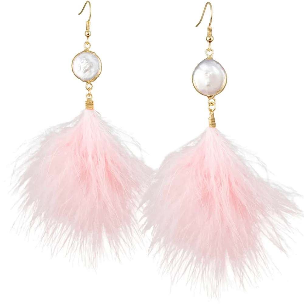 Tumbeelluwa White Shell Pink Feather Drop Dangle Boho Statement White Shell Pink Feather Drop Dangle