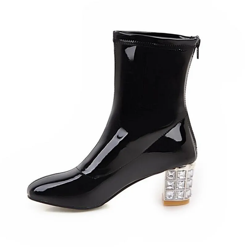 

2019 Patent Leather Women Ankle Boots 6CM Crystal Heel Boots Fashion Women Rhinestone Booties Black White Beige Plus Size 35-43