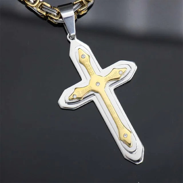 24" 361L Stainless Steel Gold Silver Crystal Jesus Cross Pendant