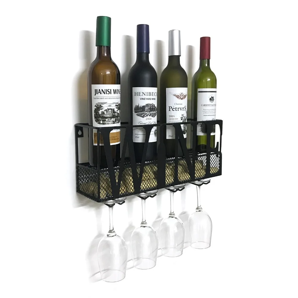 "Винный" дизайн настенный металлический винный подставка для шампанского с 4 длинными стволовыми стеклянными держателями и винной пробкой для хранения, стеллаж для хранения