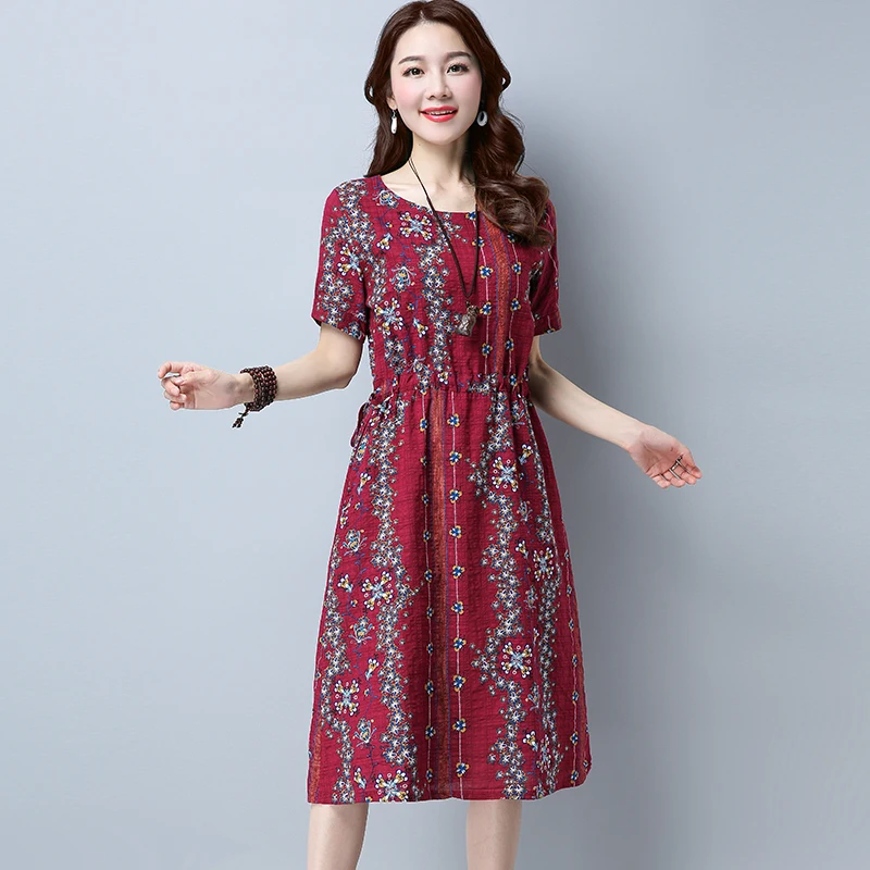 

Women Vintage Cotton Linen Dresses Summer Short Sleeve Elastic Waist Lace Up Floral Print Dress for Women Robe Femme Vestidos