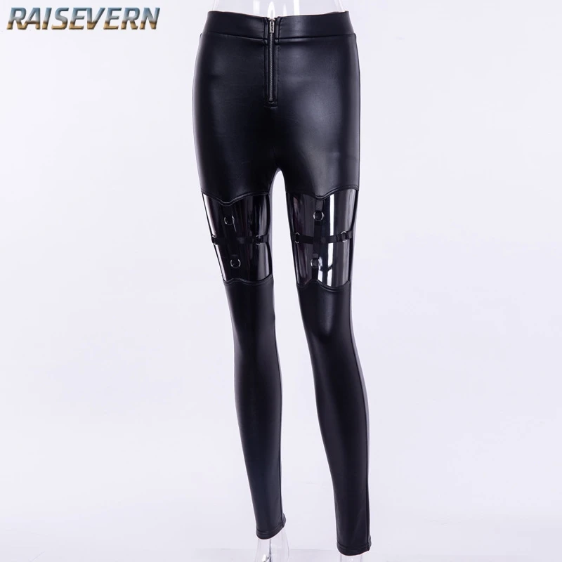 

Raisevern 2019 Gothic Hip Hop Streetwear Hole Skinny Pu Leather Women Zipper Fly Bottom Slim Solid Black Punk Pencil Pants