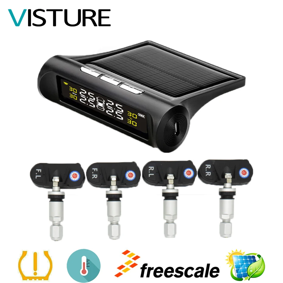 

Solar Power TPMS Car Tire Pressure Alarm Monitor System 4 Internal Sensor Temperature Alarm Visture T06N