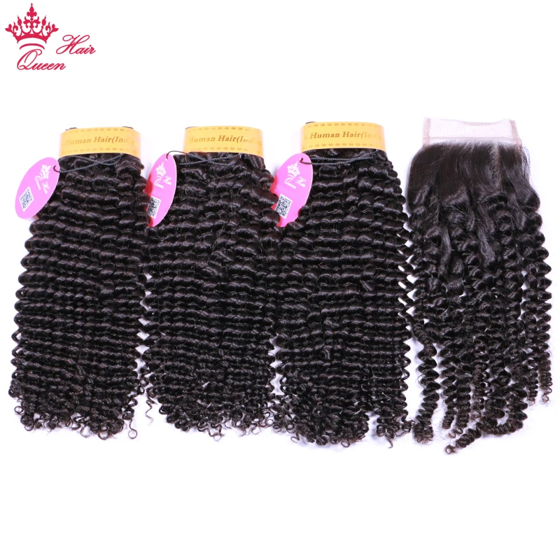 Queen Hair Extension 100% Human Hair Weave Bundles With Closure Indian 3 pcs Kinky Curly Remy Bundles With Lace Closure