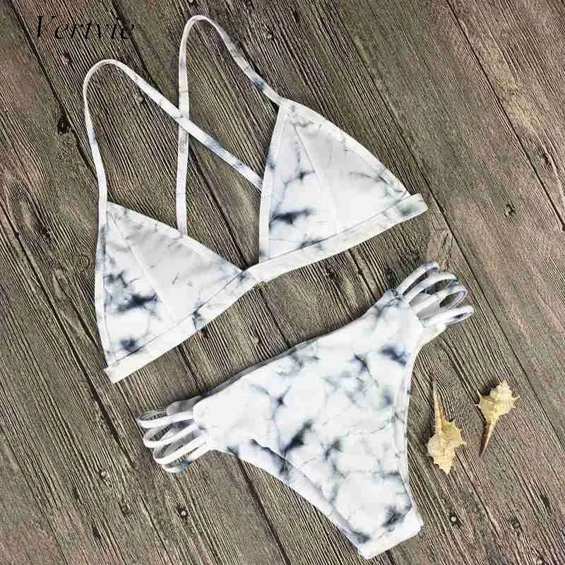 

Vertvie Women Marble Printed Harness Cross Strap Low Waist Bikini Swimwear Summer Beachwear Quick Dry Hollow Out Swim Suit Femme