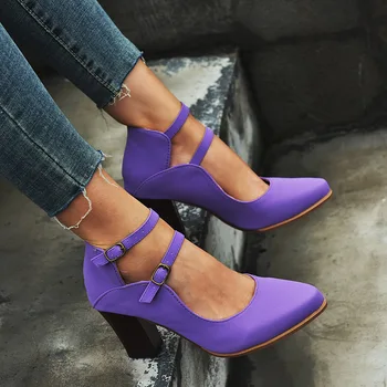 

EOEODOIT New Summer Autumn Leather Heels Shoes Women High Square Heel Pointy Toe Double Buckle Plus Size Female Marry Jean Pumps