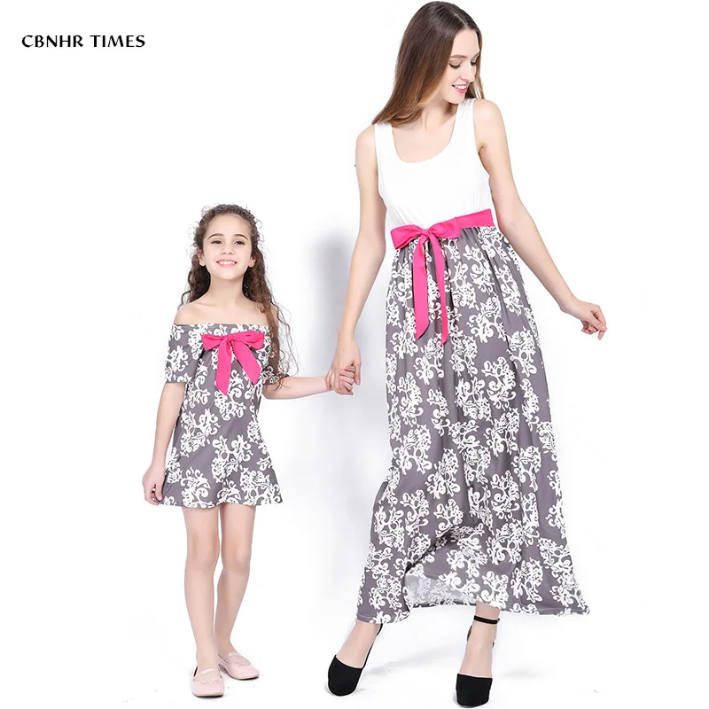 Платья Мама и я с галстуком бабочкой длинное платье для мамы дочки семейный образ