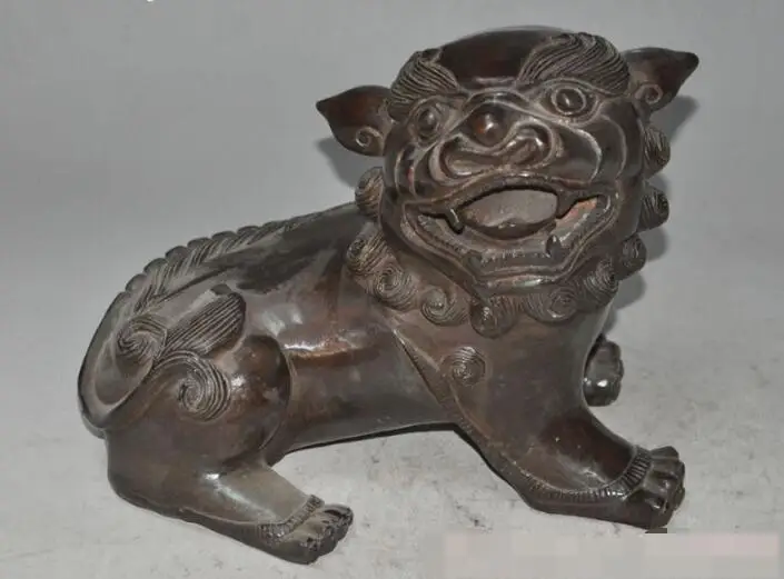 

S01748 8"old chinese fengshui bronze foo fu dog lion pixiu Brave troops beast statue B0403