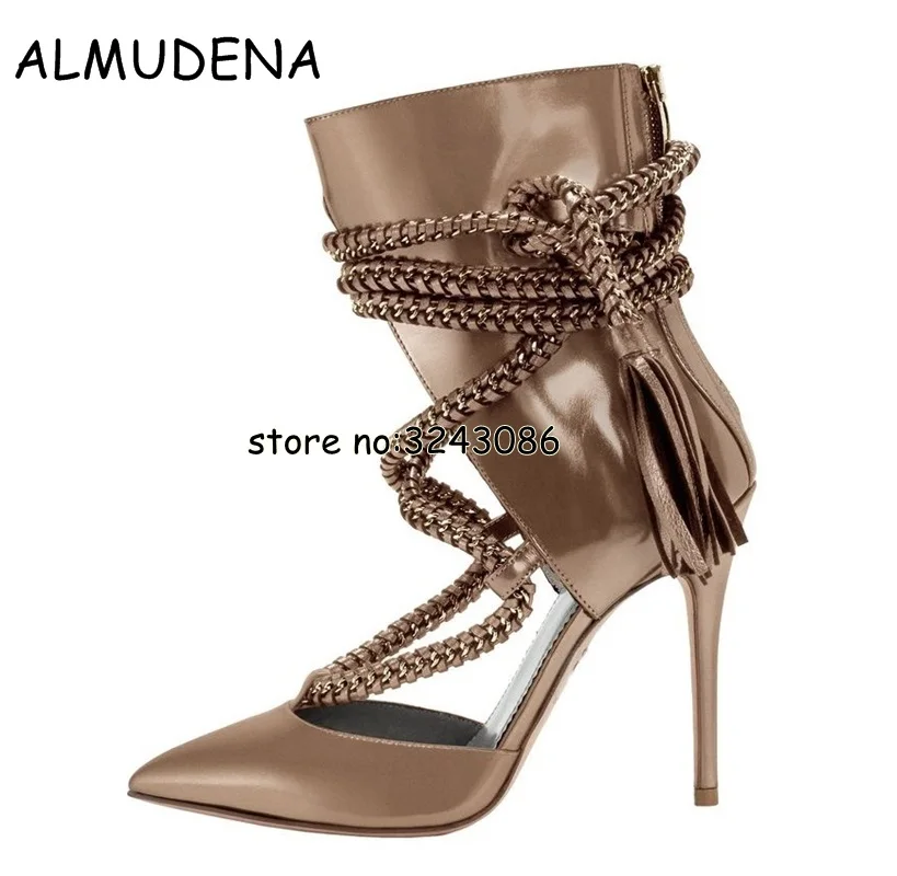 Rope Lace Up Women Pointy Toe Stiletto High Heels Ankle Booties Black Brown Leather Woman Cut