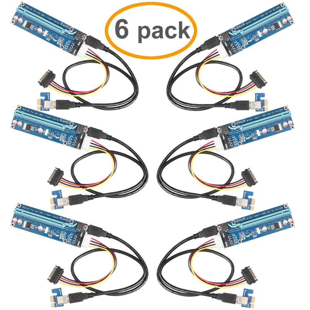 

6Pack PCIe VER 006 PCI-E 1X to 16X Powered Riser Adapter Card w/ 60cm USB 3.0 Extension Cable & MOLEX to SATA Power Cable