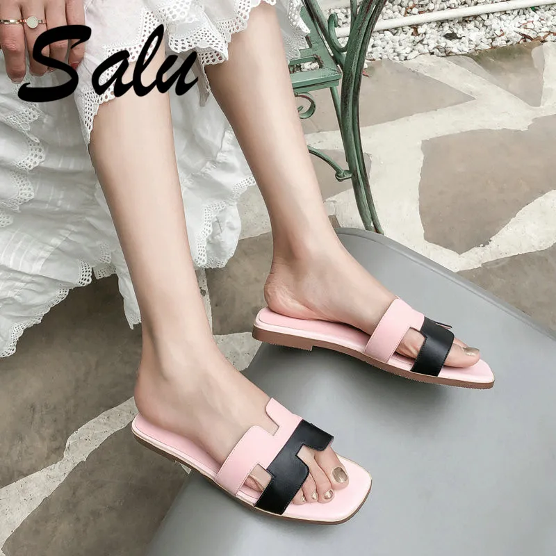 

Salu Summer Soft Comfortable Flat Sandals for Women Casual Shoes Woman Ladies Flat Sandals Genuine Leather Thong Sandals 2019
