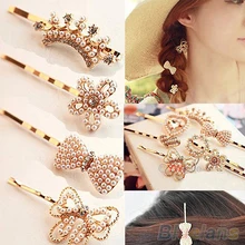 Горячая 2 шт. Мода Женская Сердце Бантом Перлы Цветка Rhinestone Зажим Для Волос Заколка 7F7J