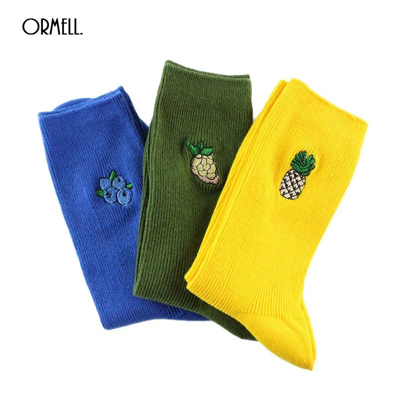 

ORMELL Japanese Embroidery Fruit Sock Girl 2018 New Cotton Pineapple Cute Socks Women 3 Colors Long Socks Calcetines Mujer