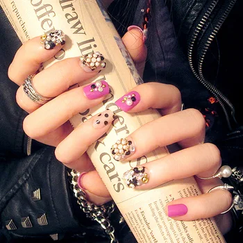 

New 24pcs/set short alloy jewelry rivet resin False Fake Nail art Tips Stickers With Glue pearls Nail Art UV gel Polish nail