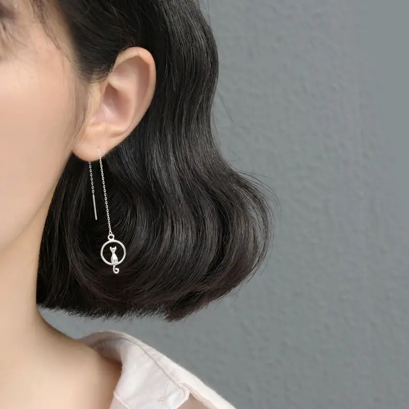 

New 925 Sterling Silver Long Moon Cat Earrings for Women Christmas Girls Gifts