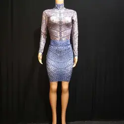 Модные, пикантные синий Леопардовый платье Боди Наряд певицы для танцев платье для выступлений на сцене Для женщин сексуальный наряд
