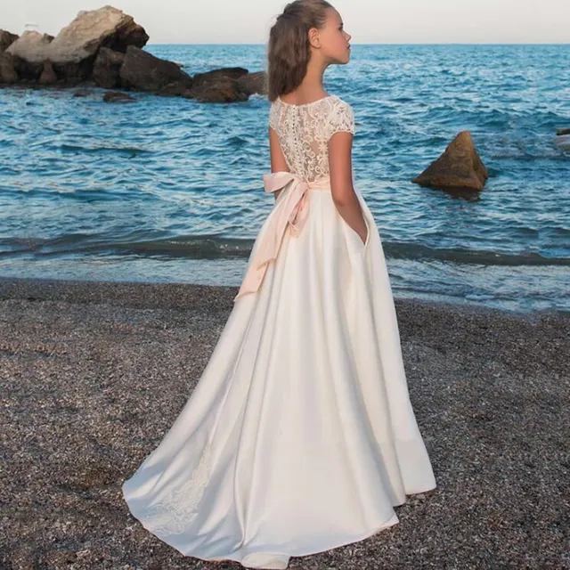 White Satin A-Line Floor-Length Short sleeve Girls Pageant Dresses First Communion Dresses For Girls Flower Girl Dresses 2