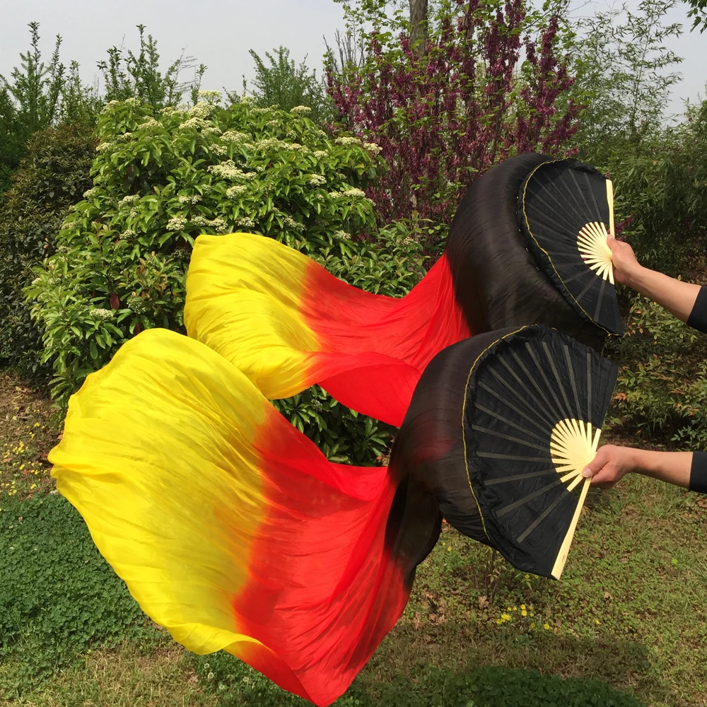 Women Black Red Yellow Gradient 100% Real Silk Belly Dance Fan 1.8m 1pair(L+R) New Arriva | Тематическая одежда и униформа