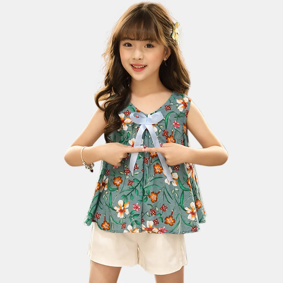 

Girls Clothes Suit Summer Clothing For Children O-Neck Girl Clothes Set Sleeveless Top+Shorts 2 Pcs Girls Clothing 6 8 12 Years