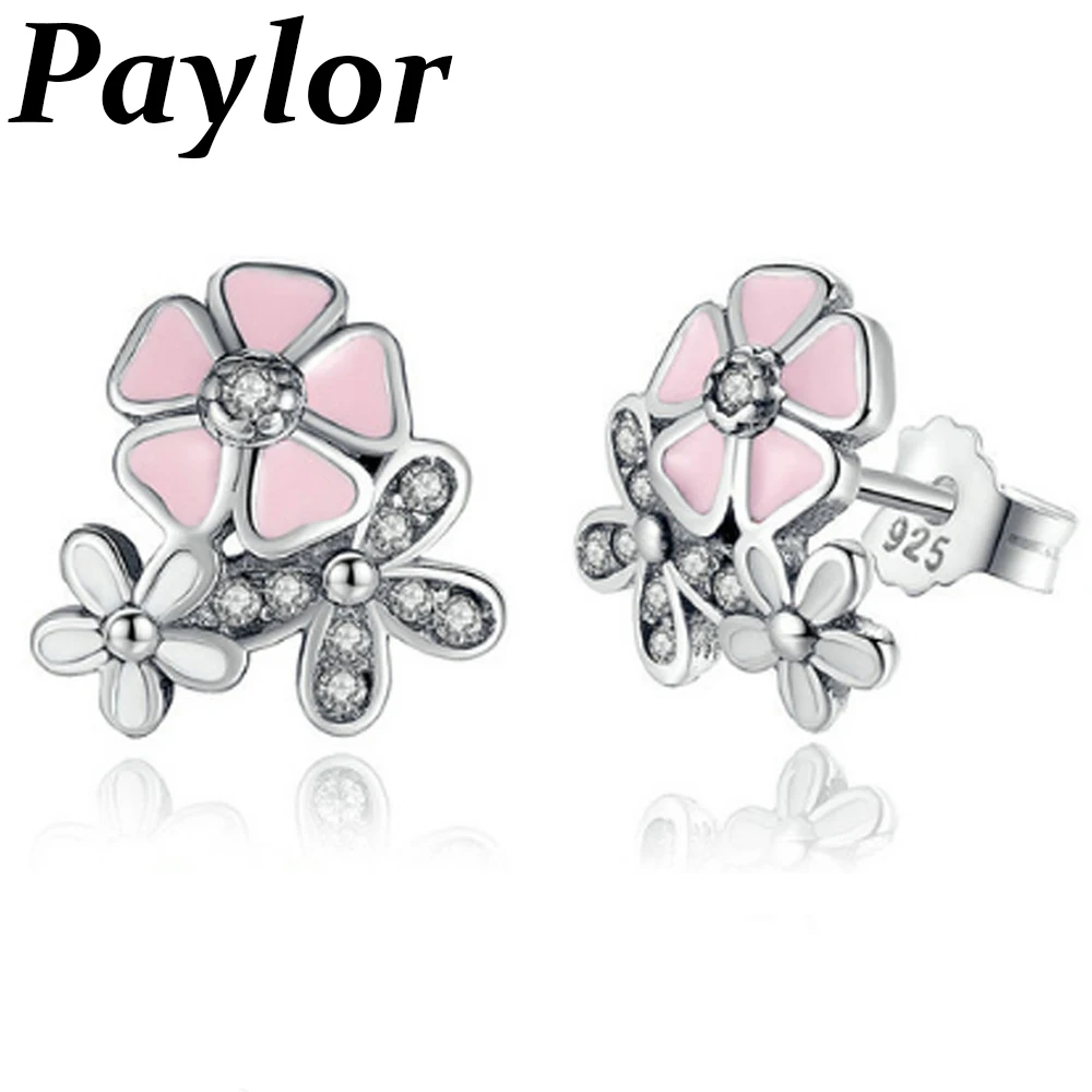 

Hots Silver Color Poetic Daisy Cherry Blossom Brand Stud Earrings Mixed & Clear CZ Zircon Pink Flower Women Wedding Jewelry
