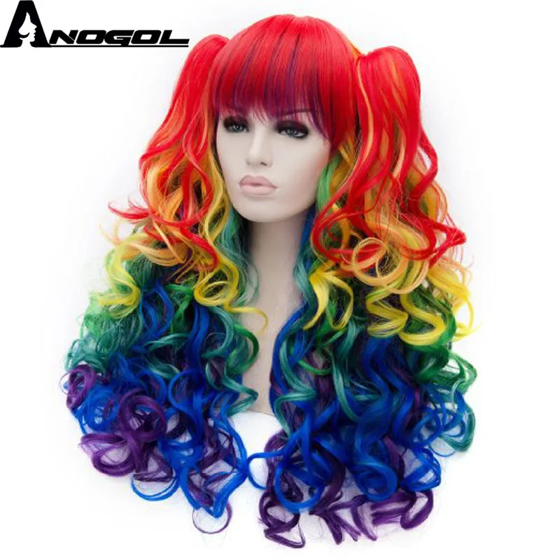 Anogol My Costume Little Pony Ponytail Style Rainbow Color Dash Yellow Pink Side Part Red Green Purple Cosplay Wig For Party