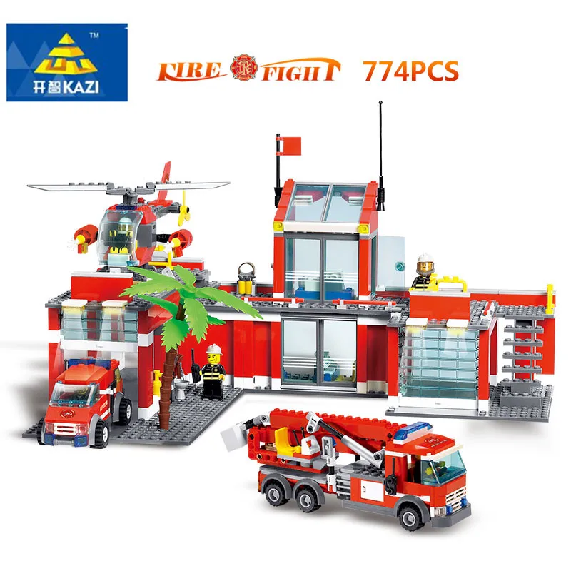 

774pcs+ KAZI 8051 Fire Station Building Block Engineering City Fire Rescue Truck Helicopter Brinquedo Block Kids Educational Toy