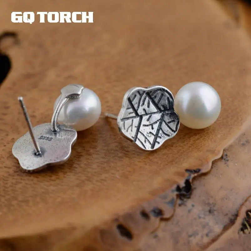 

GQTORCH Vintage Thai Silver Stud Earrings With Natural Freshwater Pearl 925 Sterling Silver Jewelry Leaves Shaped Aretes Mujer