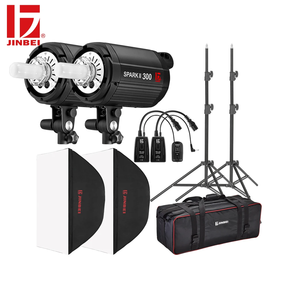 

JINBEI SparkII Flash 600W 2*300W Studio Strobe Room Photo Photography Lighting 2 Heads with Softbox Trigger Light Stand bag Kit