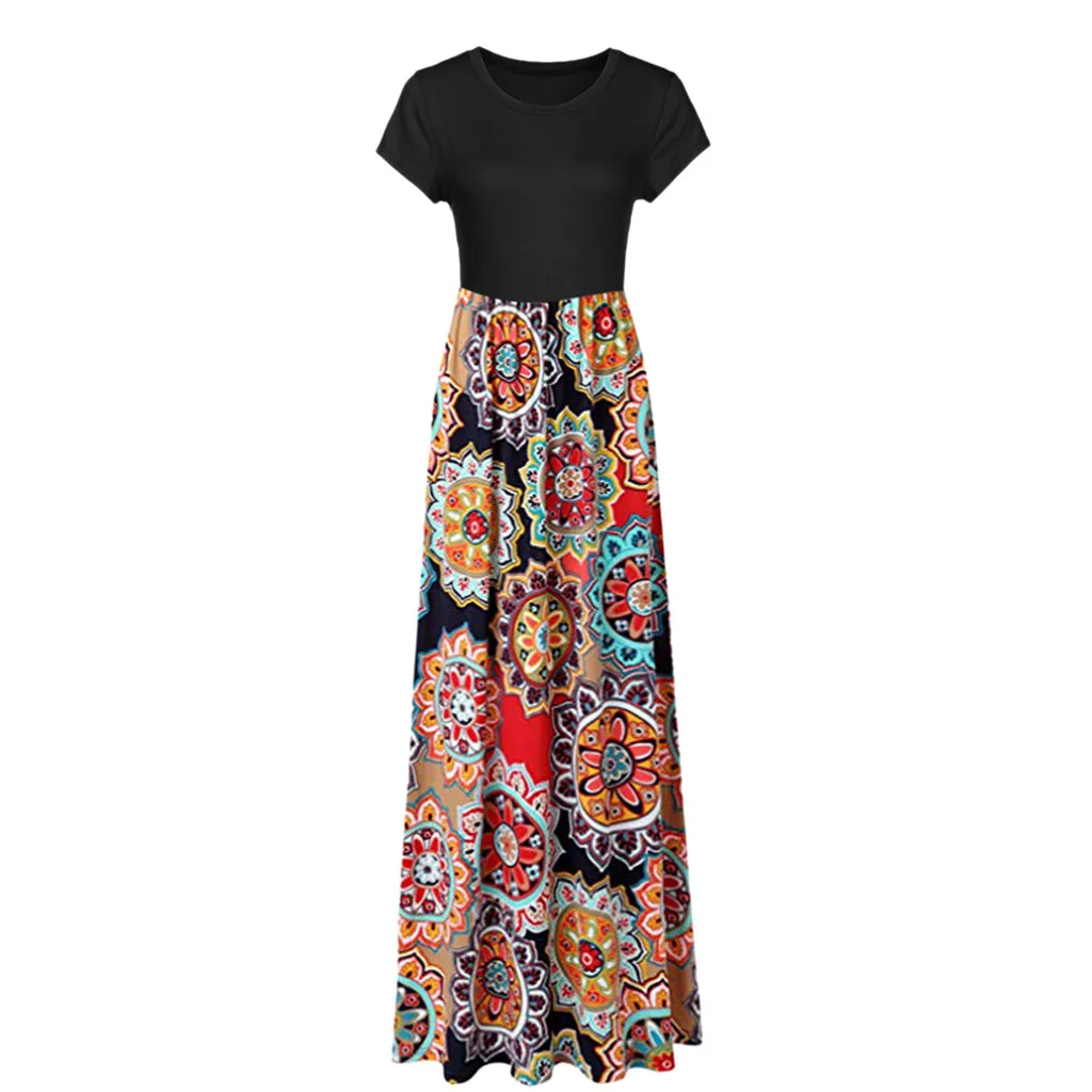 Women Dress Summer Women's Casual Sleeve O-neck Print Maxi Tank Long Dress Maxi Dress Plus Size Dress Formal Dress