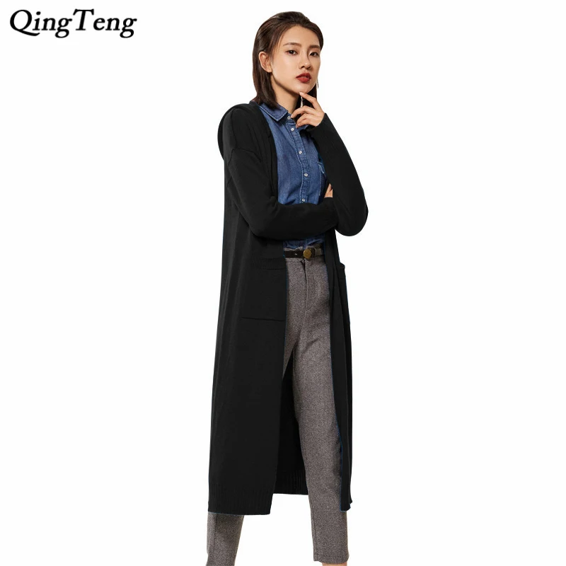 

Fashion Women's Cardigan Extra Long Hooded Autumn Winter Knitted Cashmere Wool With Pocket Open Sweater Cardigans Long Sleeve