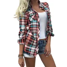 Women Colorful Plaid Printed Pocket Blouse Turn-Down Collar Shirt 2017 Autumn Full Long Sleeve Casual Tops Pretty Pockets Tops