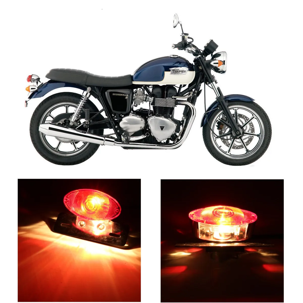 

5W Motorcycle Rear Cat Eye Brake Tail Light Red Lens With Chrome Number Plate Bracket