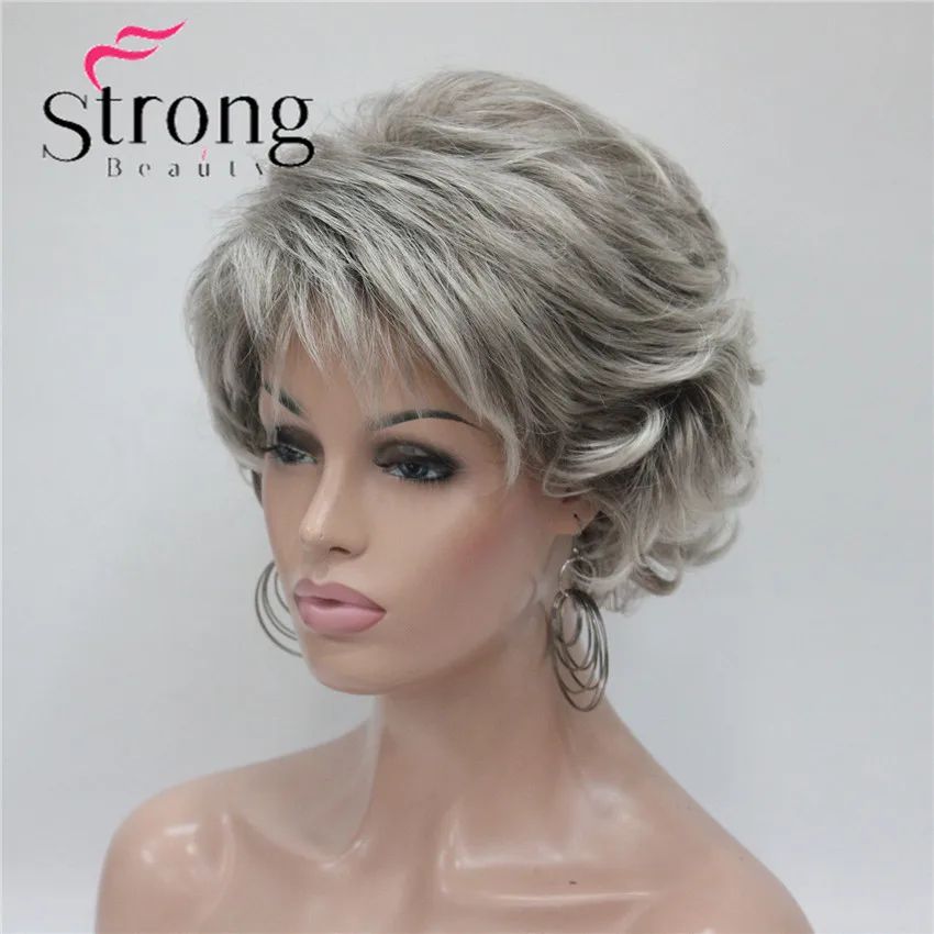 E-7125 #48T New Short Wig Wavy Curly Grey Mix Brown Women`s Synthetic Hair Full Wig Thick (3)