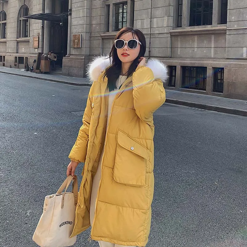 Корейский стиль, зимняя женская куртка с капюшоном из искусственного меха, Свободная Женская длинная парка, теплое плотное Женское пальто - Цвет: Цвет: желтый