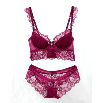 

Women Sexy Bra Sets Full Lace Gather Underwear Push Up Underwire Bra +Translucent Briefs LM7993