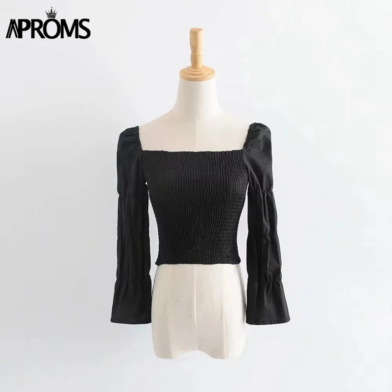Aproms, Ретро стиль, квадратная горловина, блузка, рубашка для женщин, пышная, рукав 3/4, белый, короткий топ, летняя, высокая, уличная, Тонкая блузка, блуза - Цвет: Черный
