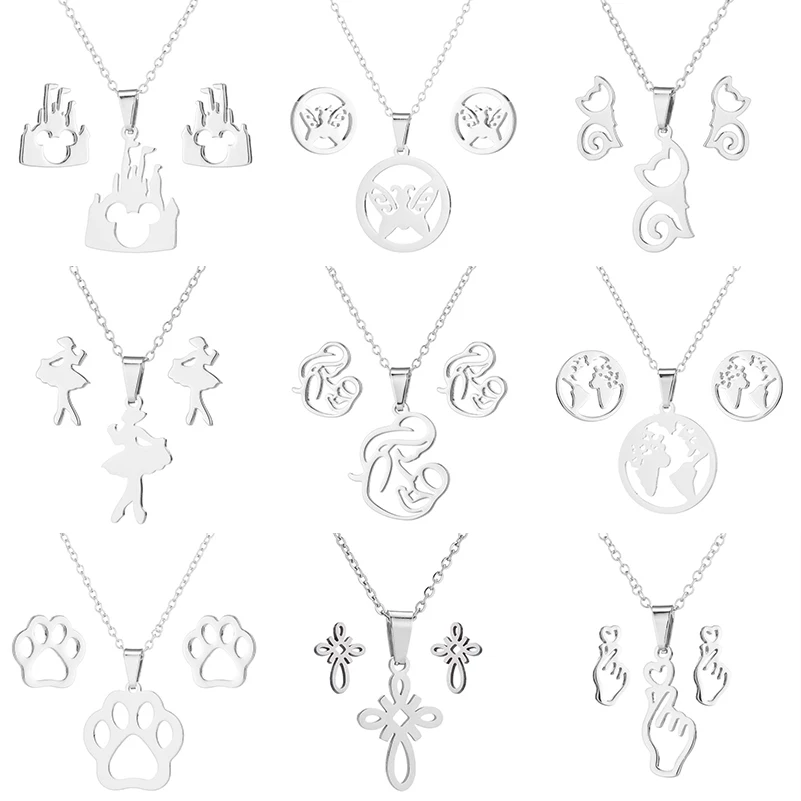 

Shuangshuo Cartoon Mickey Necklaces Women Stainless Steel Jewelry Sets Ballet World Map Butterfly Necklace collares de moda 2019