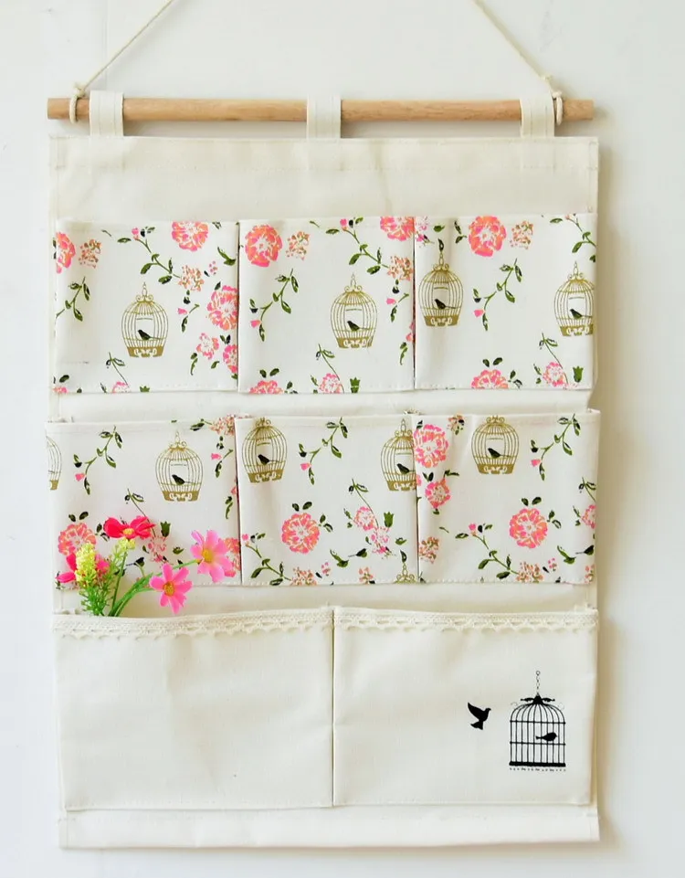 Wall Hanging Storage Bag Organizer Linen Flowers 8 Pockets Behind Door