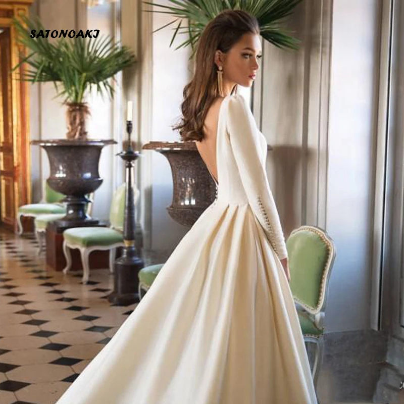 US $59.36 Long Sleeve Satin Wedding Dress 2020 For Women Simple Bridal Gowns Plus Size Vestido De Novia Robe Mariage Online Shop Undefined