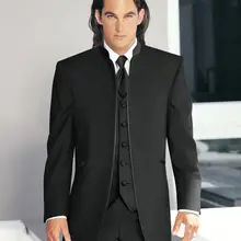 Модные Стиль черный смокинг для жениха Стенд воротник Для мужчин Блейзер Костюмы для выпускного Жених(куртка+ брюки+ жилет+ галстук) k: 522
