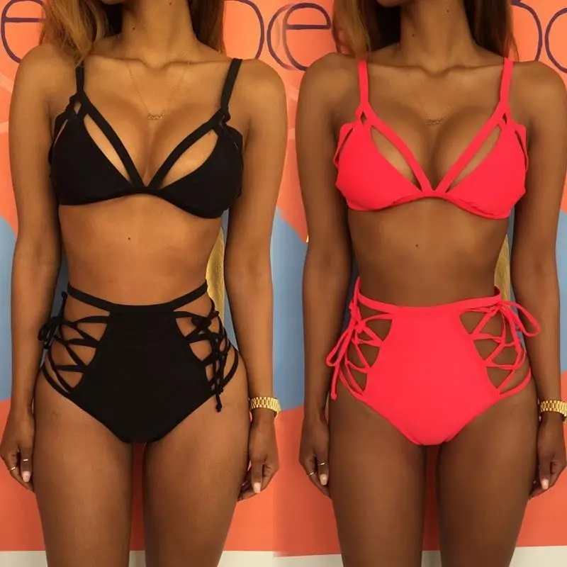 

High Waist Swimsuit Push Up Swimwear Women 2017 Summer Plus Size Swimwear Hollow Out Pin Up Retro Bikini Bathing Suit Black XL