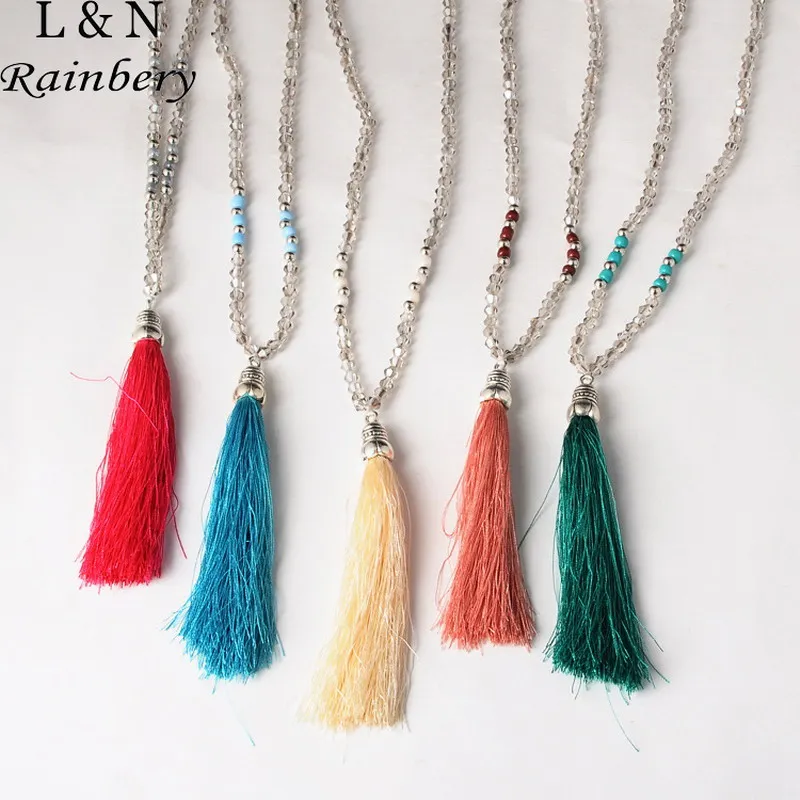 Rainbery Handmade Clear Crystal with Nepal Charm Bead Tassel Necklace
