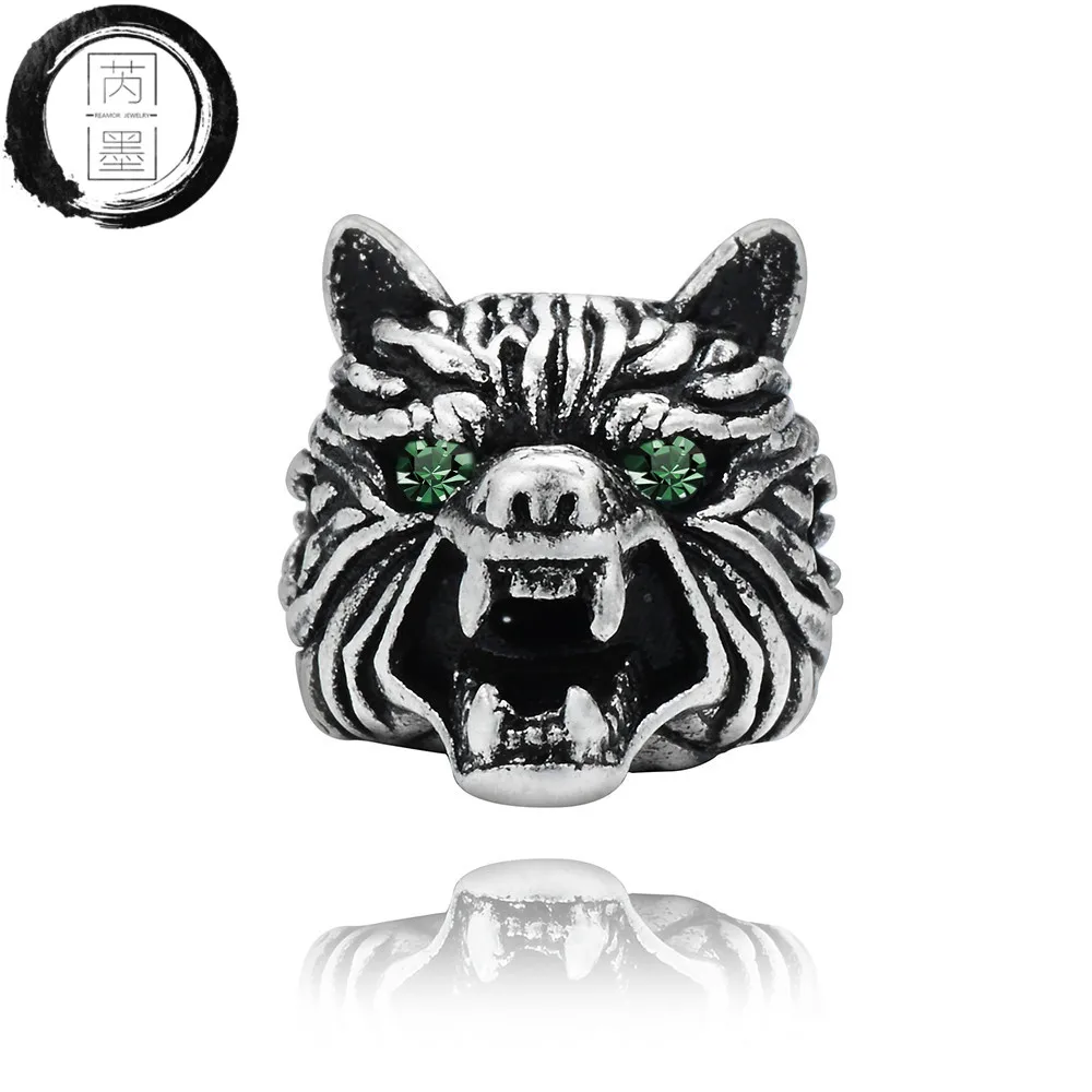 

RUIMO 2mm Small Hole Vintage Bronze Wolf Head Beads Green Zirconia Eye Animal Charm Beads For Bracelet Jewelry Making Findings