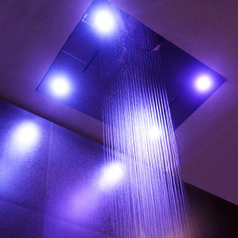 Ceiling Embedded Rainfall Waterfall LED Shower Head Big Water Curtain Showerhead Bathroom 600*800mm 3 Functions Showers Brushed