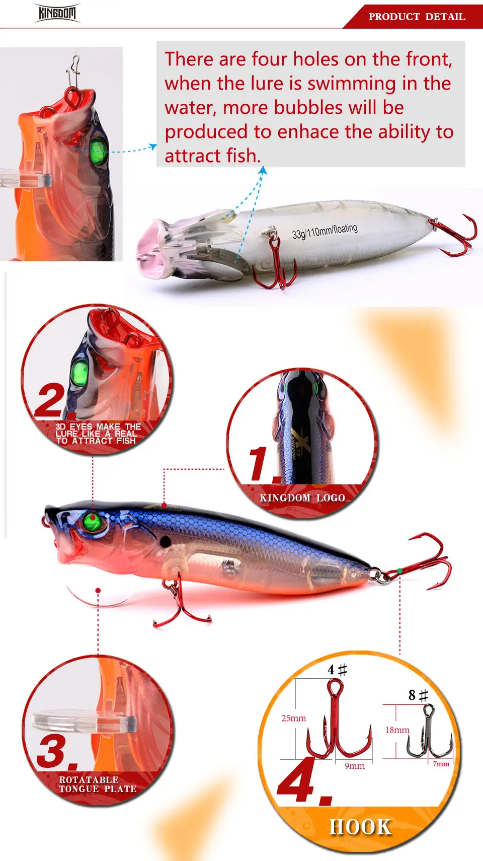 Kingdom Fishing Lures Hard Bait Topwater Popper Switchable Tongue Plate 70mm 9.5g 90mm 16g 110mm 33g Artificial Baits Model 5367 (3)